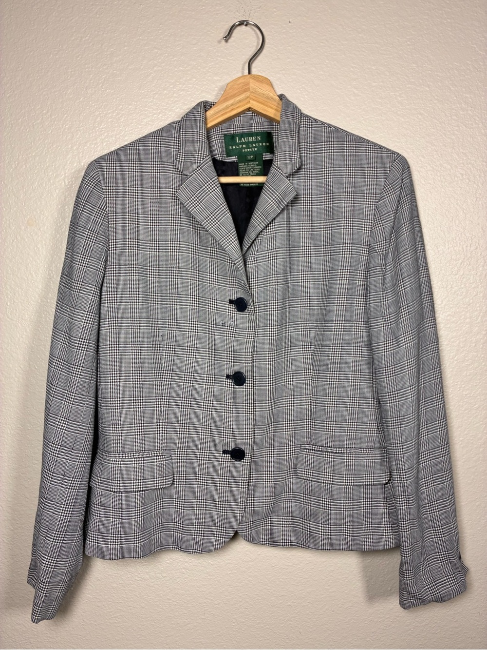 Vintage Lauren Ralph Lauren Plaid Button Blazer 12 Petite Navy Work Preppy Layer